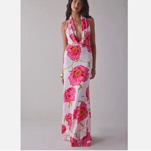 AFRM Revolve Imade Oversized Peony Plunging Cowl Halter Maxi Dress Floral XS NWT